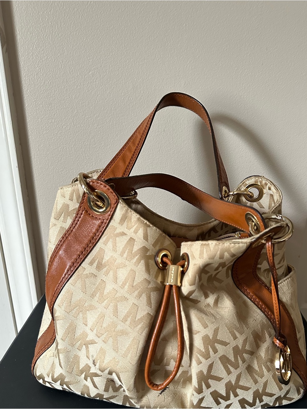 Michael Kors Beige and Chestnut MK Logo Shoulder Bag